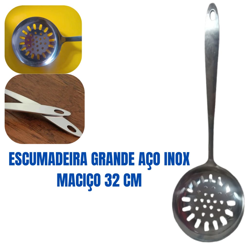 Escumadeira p/ Fritura em Aço Inoxidável Maciço 32 Cm Grande
