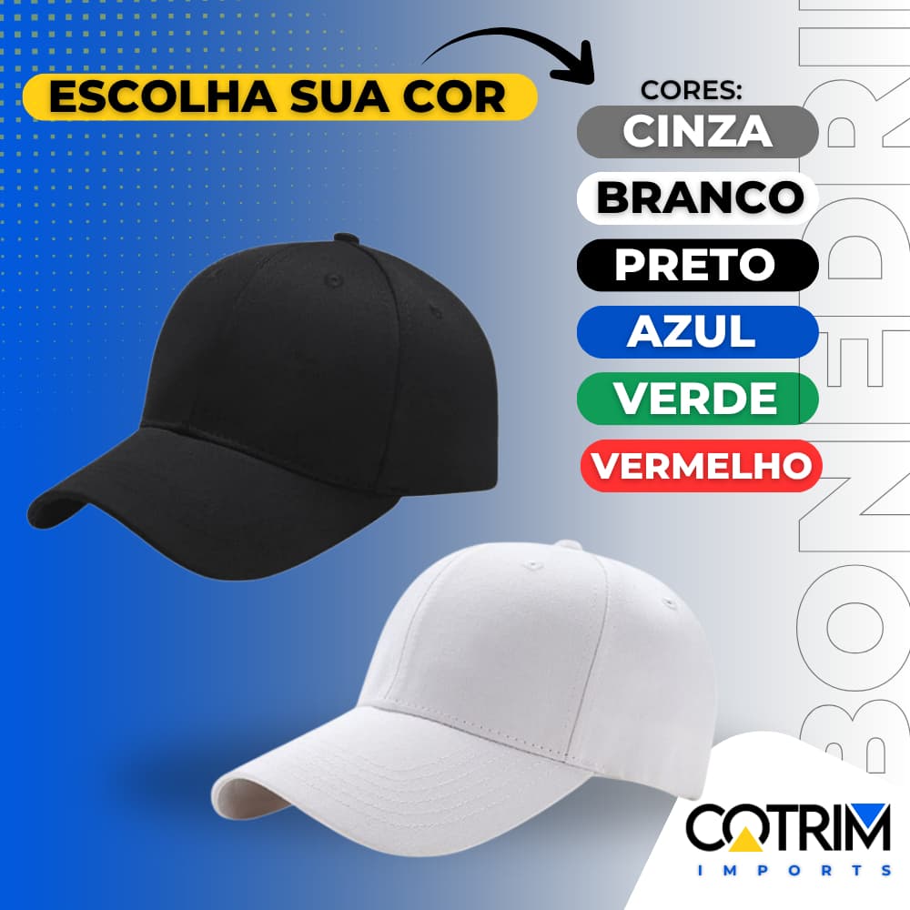 Boné Liso de Algodão Tecido Aba Curva Preto/Branco/Vermelho/Azul/Camuflado/Bege/Verde
