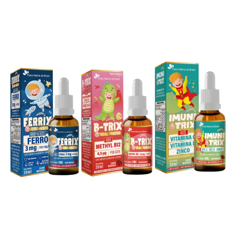 KIT INFANTIL FERRIX + B-TRIX + IMUNITRIX GOTAS MORANGO FLORA NATIVA