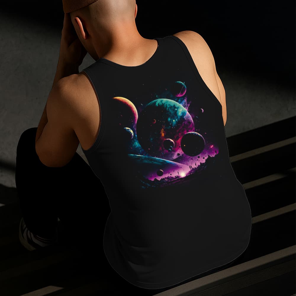 Camiseta Regata Masculina Estampada Planetas 100% Algodão Estilo Conforto Diário Do Tamanho P ao GG