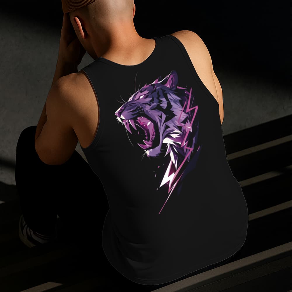 Camiseta Regata Masculina Estampada Tigre Roxo 100% Algodão Estilo Conforto Diário Do Tamanho P GG
