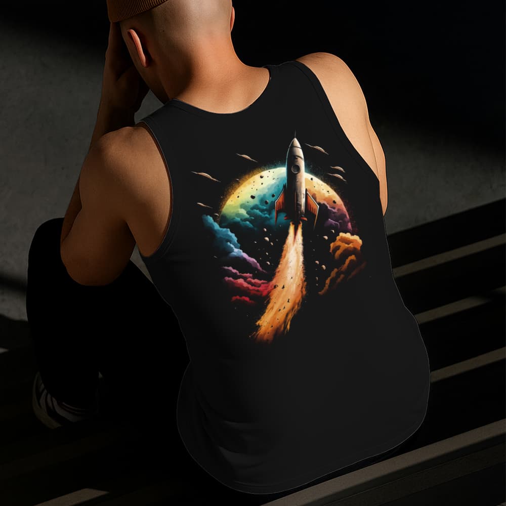 Camiseta Regata Masculina Estampada Foguete Planeta 100% Algodão Estilo Conforto Diário Do Tamanho P ao GG