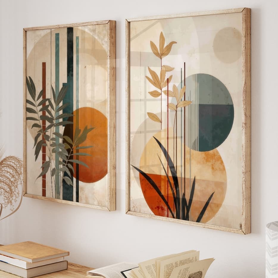 Kit 2 Quadros Decorativos com Moldura Sala Quarto Duo Abstrato Boho Botânicos em Terracota Vidro