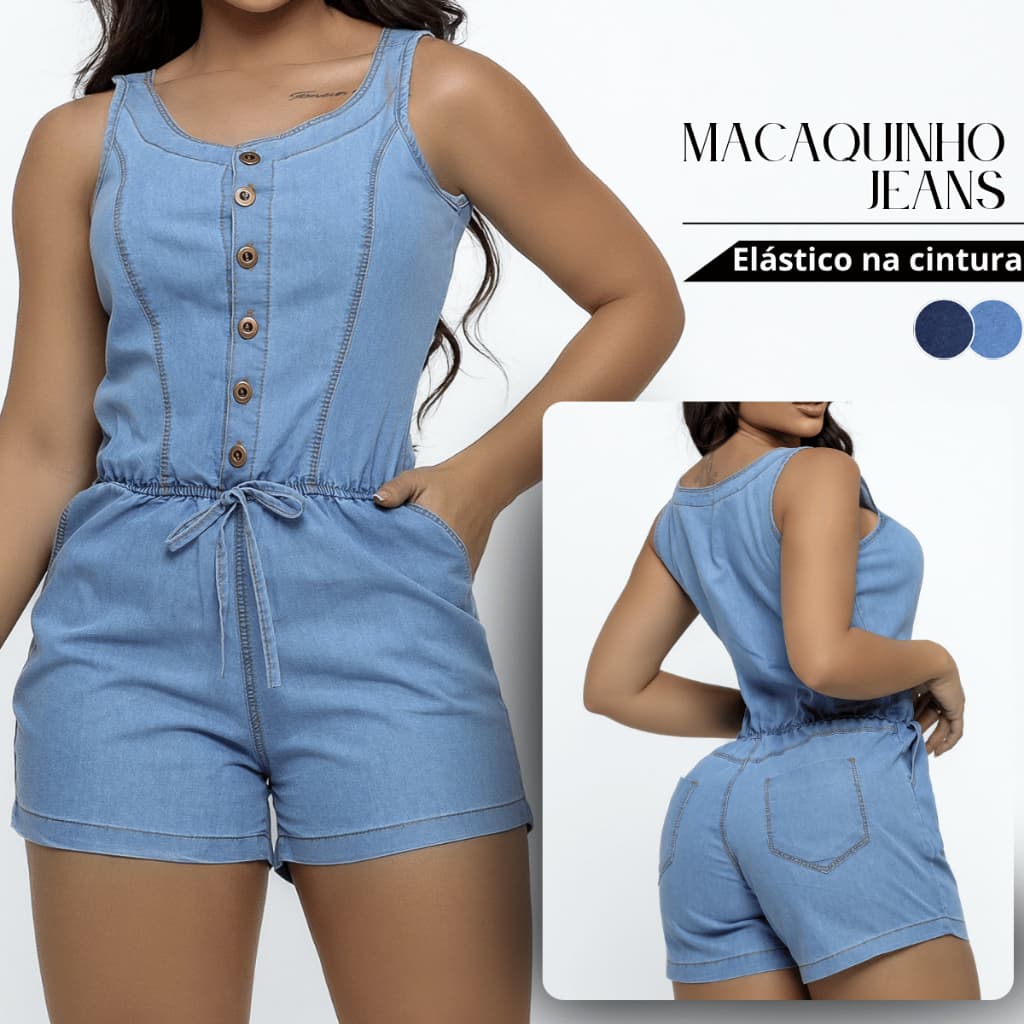 Macaquinho Jeans Feminino Sem Lycra Cavado Leve Soltinho Short Regata
