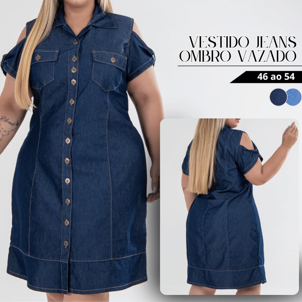Vestido Jeans Feminino Plus Size Ombro Vazado Abotoamento Frontal s/ Lycra Casual Premium