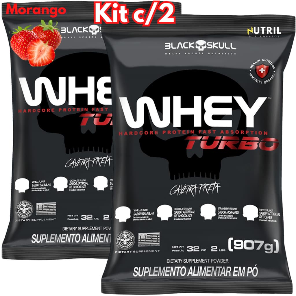 2x Whey Protein Concentrado Turbo Refil 907g - Kit 2x Black Skull - Ganho de Massa Muscular