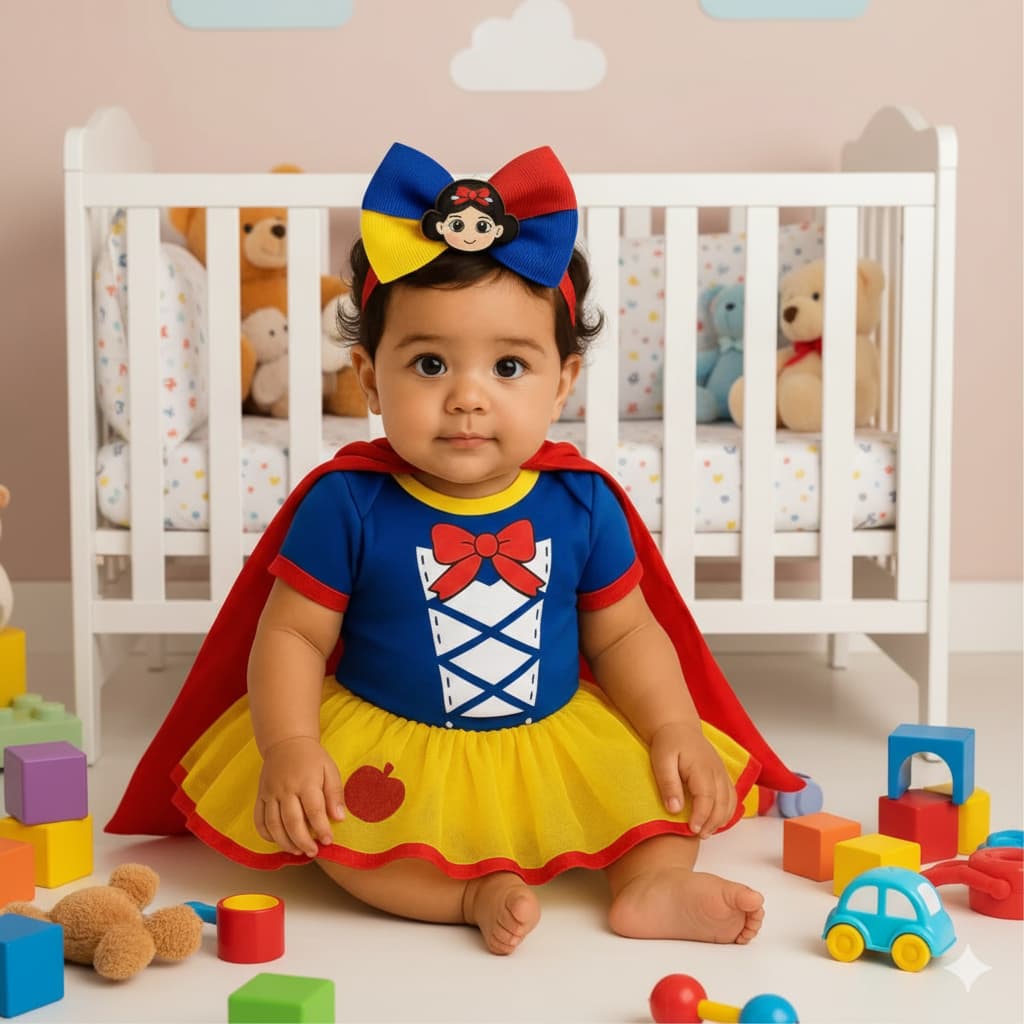 Body bebe Infantil Menina Fantasia Princesa Branca de Neve Temático Mêsversario