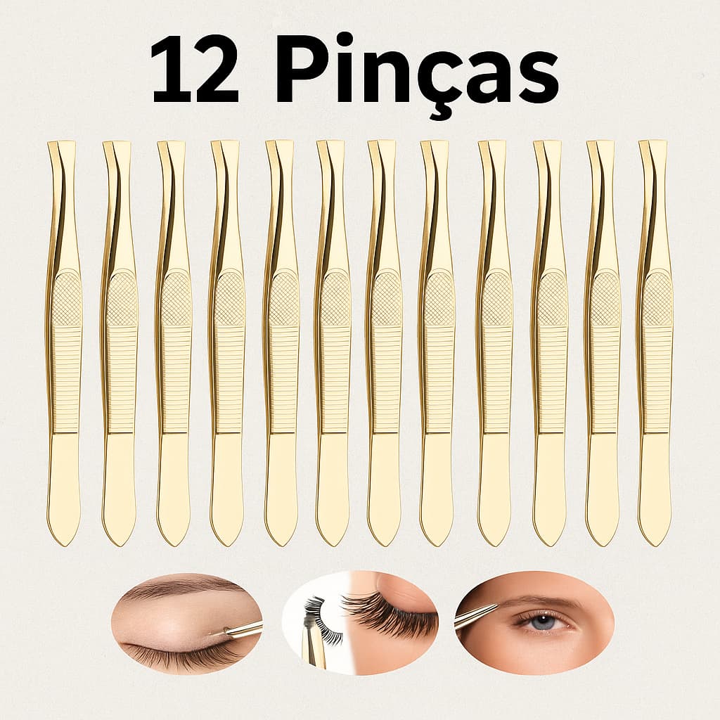 Kit com 12 Pinças Douradas de Aço Inoxidável -Ferramentas Profissionais para Extensão de Cílios e Design de Sobrancelhas
