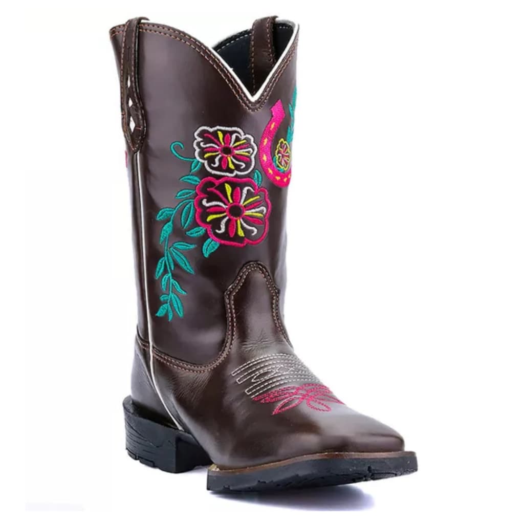 Bota Texana em Couro Legítimo Café com Bordado Floral Colorido – Estilo Country e Conforto Premium