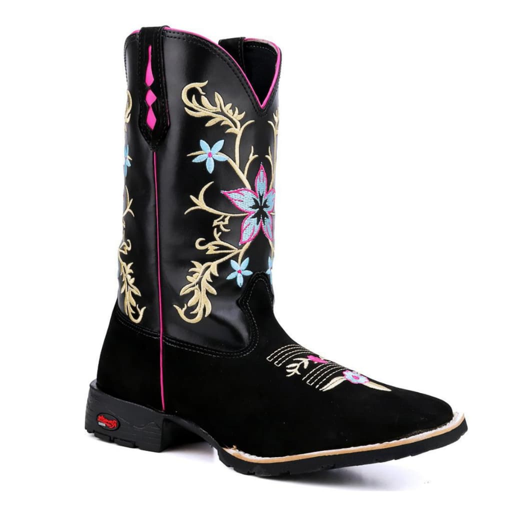 Bota Texana Feminina Cano Longo Bordada Bico Quadrado