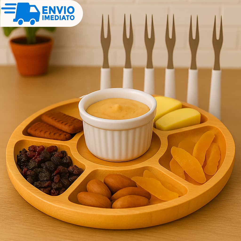 Kit de Petisqueira + 6 Garfinhos + Molheira Ramekin para Petiscos Frios Queijo Churrasco