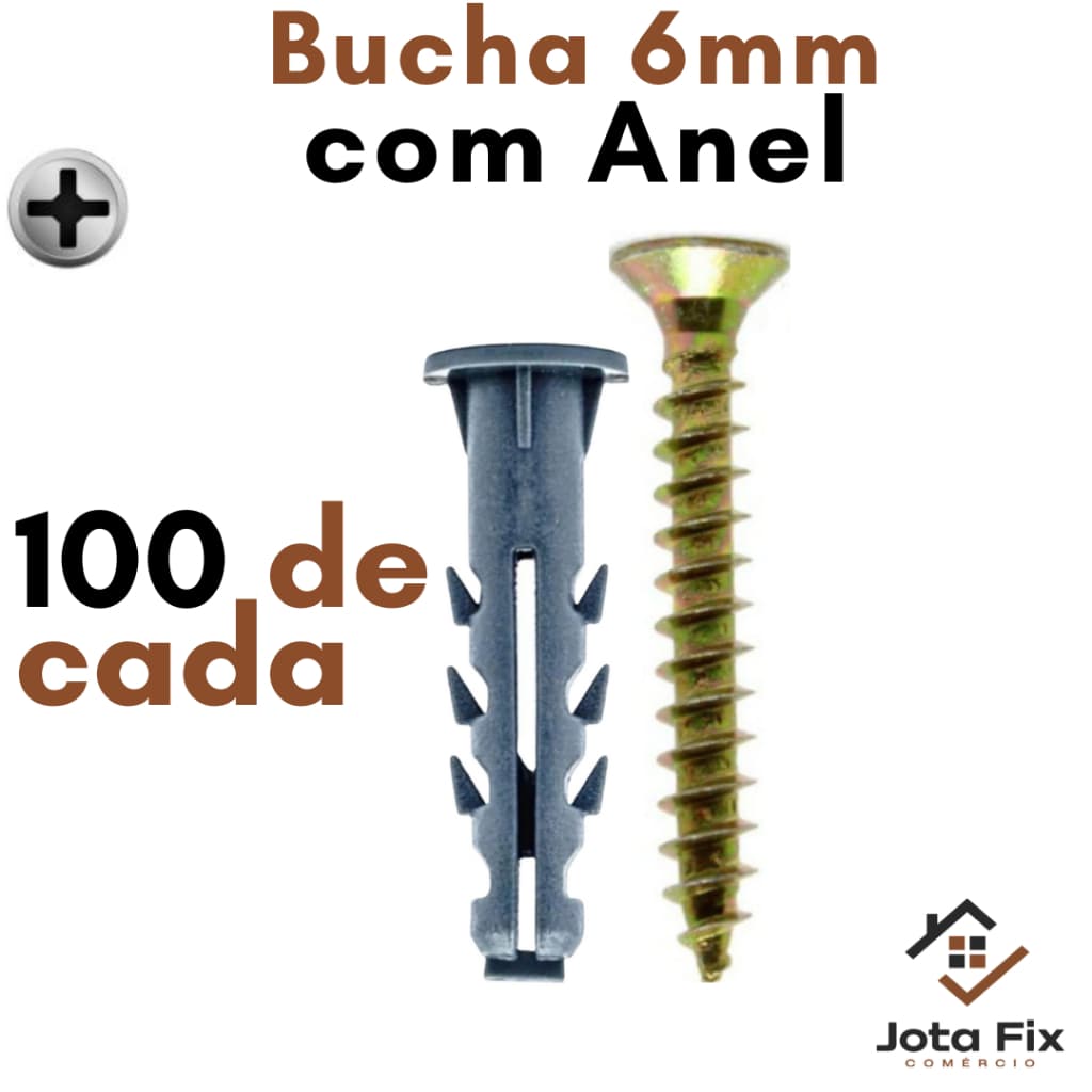 Kit 100 Buchas 6mm com Parafuso 6 Philips Kit Parafuso 40mm e Bucha com Anel Aba Fixação Concreto