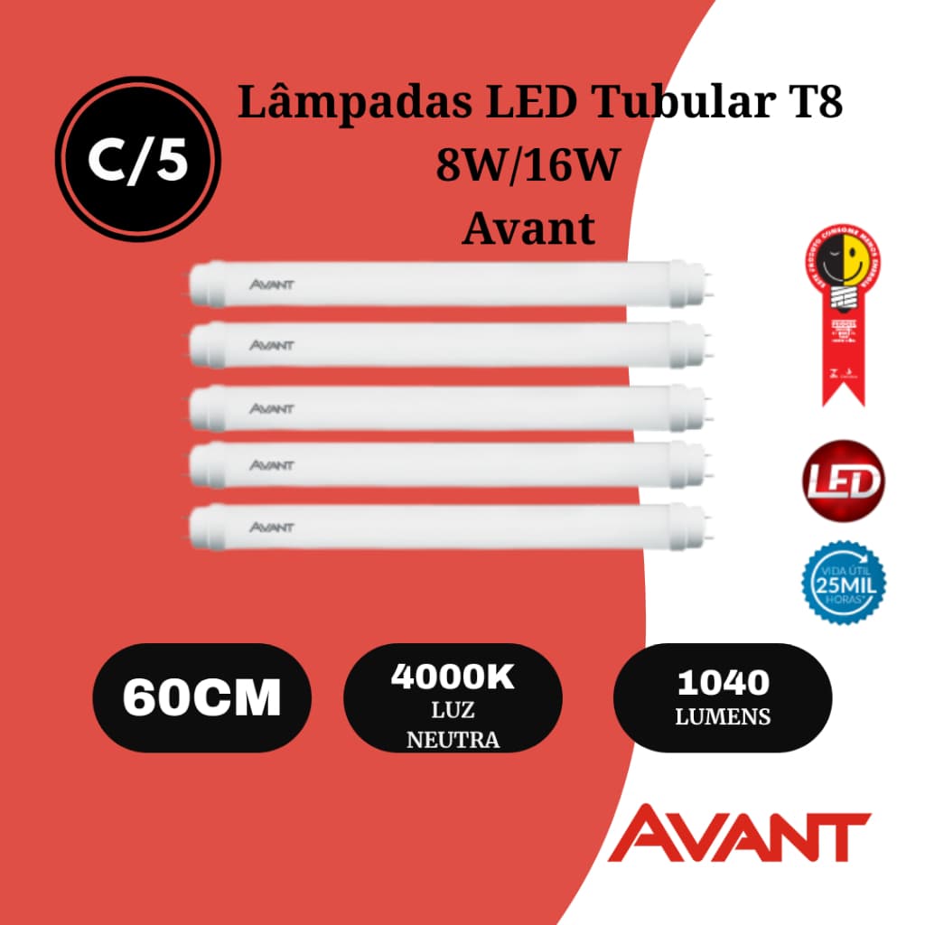 Kit 5 Lâmpada LED Tubular T8 Avant 8W/10W | 0,60m | 4000K Luz Neutra | Bivolt