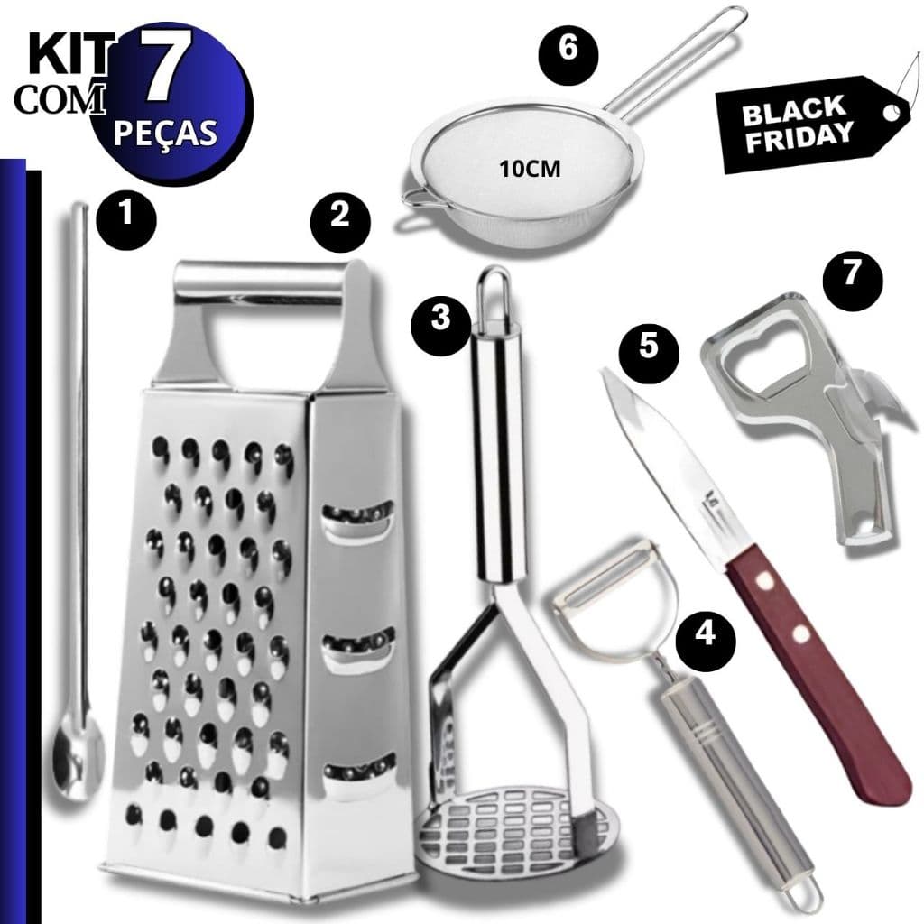 Kit Ralador Amassador Batata Descascador Legumes Colher Suco Peneira Cozinha Abridor Garrafa Lata
