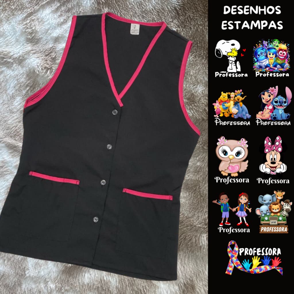 AVENTAL PROFESSORA EDUCADORA JALECO INFANTIL BOTÕES EDUCAÇÃO BONECOS PROFESSORA PRETO C/PINK