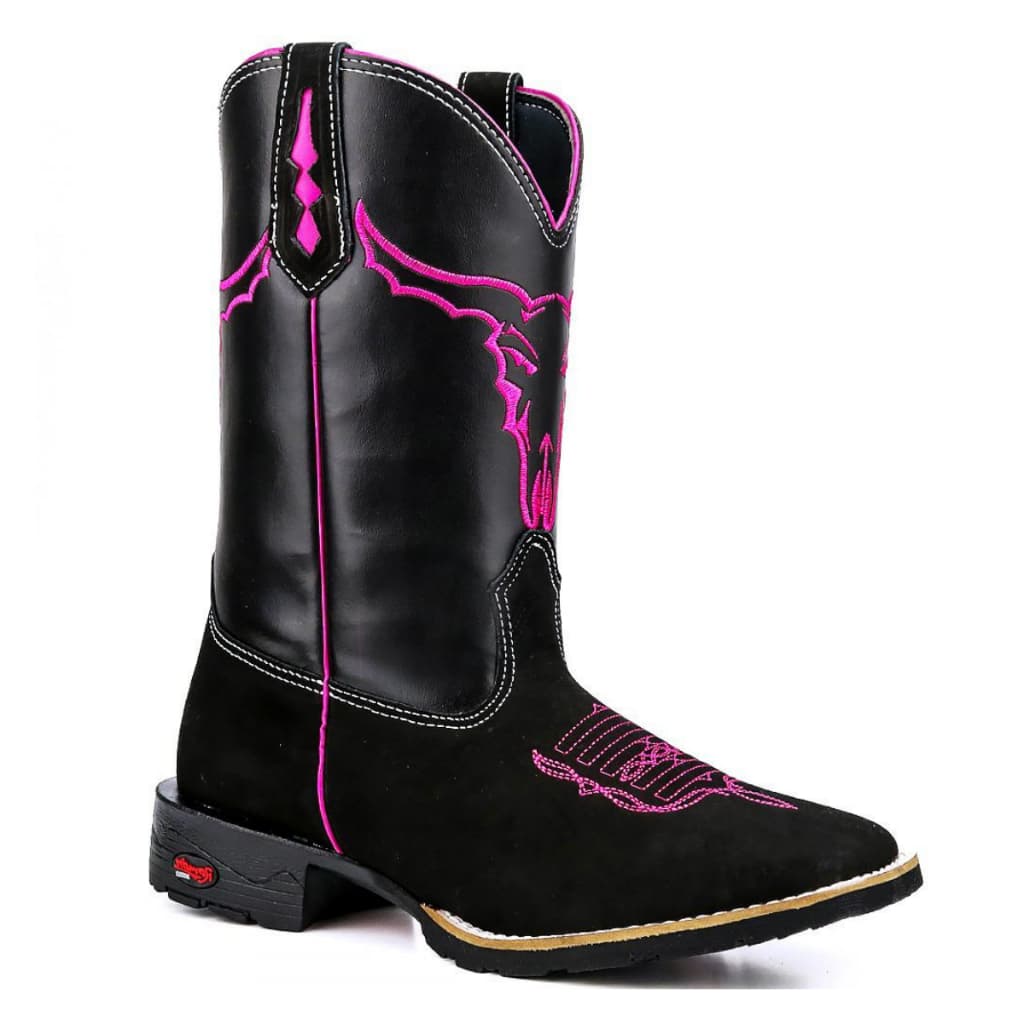 Bota Texana em Couro Legítimo Preto com Bordado Touro Rosa – Estilo Moderno e Conforto Premium