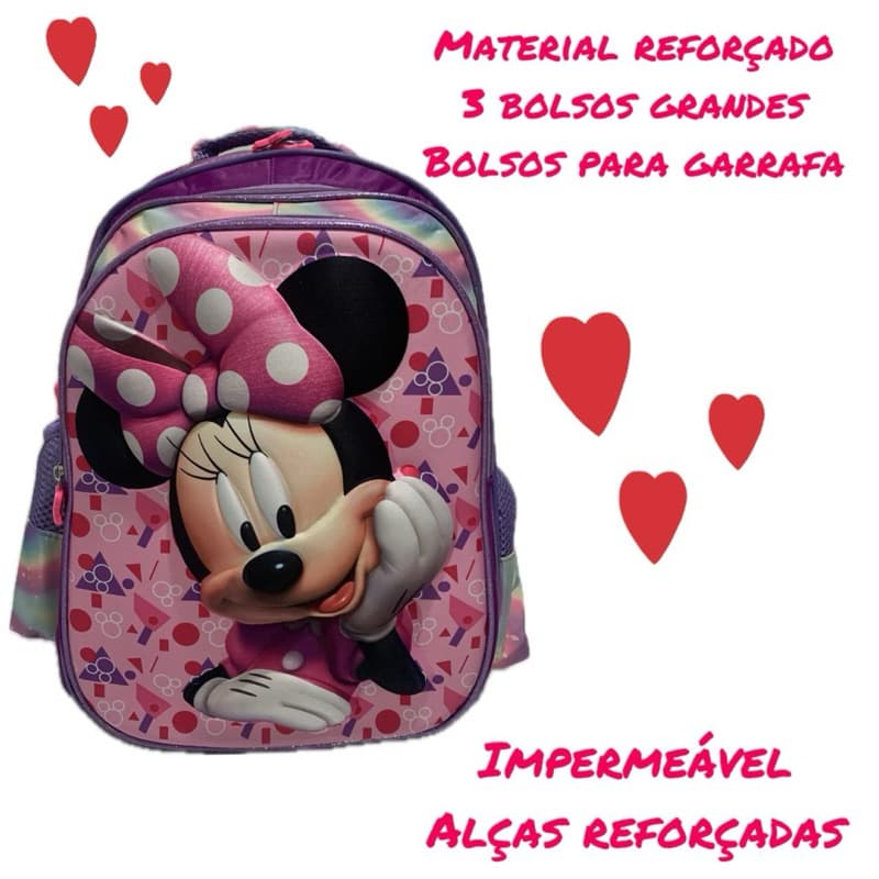 Mochila Minnie Escolar 3D Impermeável Menina Material Premium