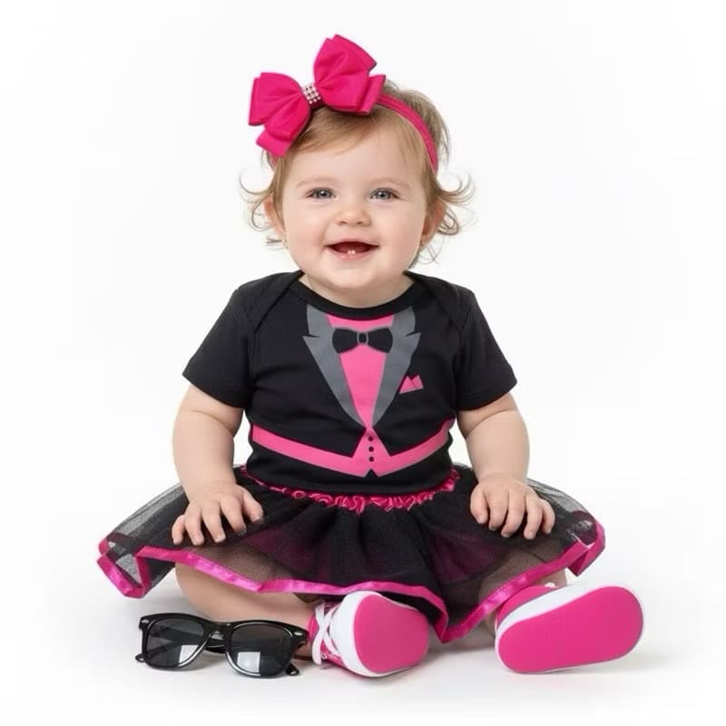 Body Temático Poderosa Chefinha com opção de óculos, laço, saia de tule, meia e tênis, bebê mesversário do P ao G.