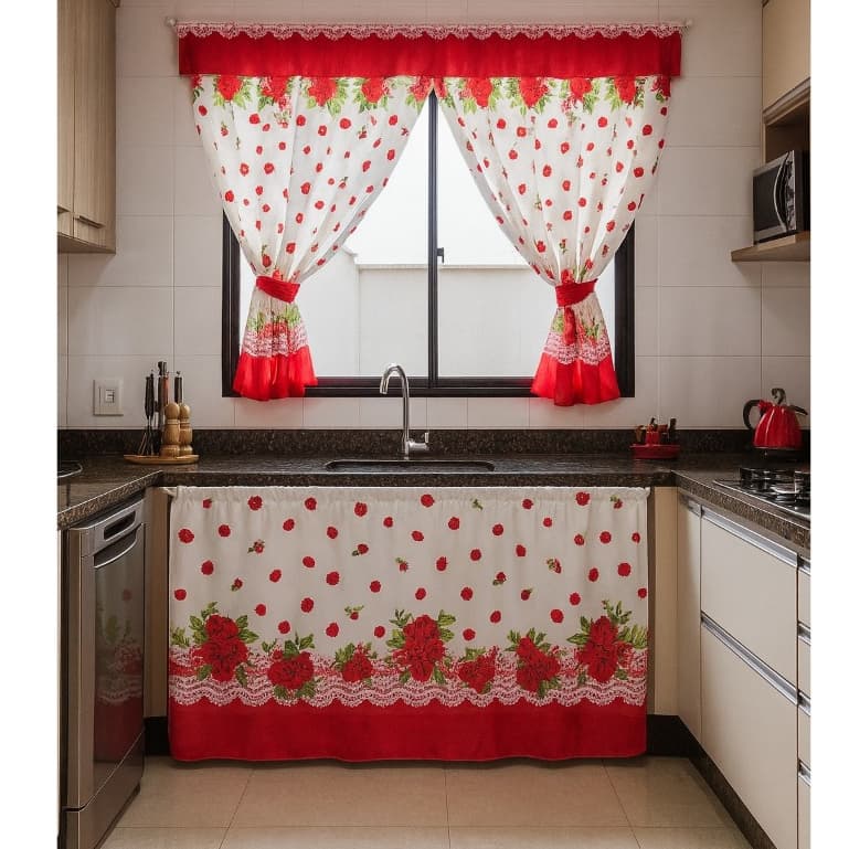 Kit de Cozinha com Cortina de Pia e Janela 2 Tamanhos Disponíveis em Tecido Oxford 100% Poliéster