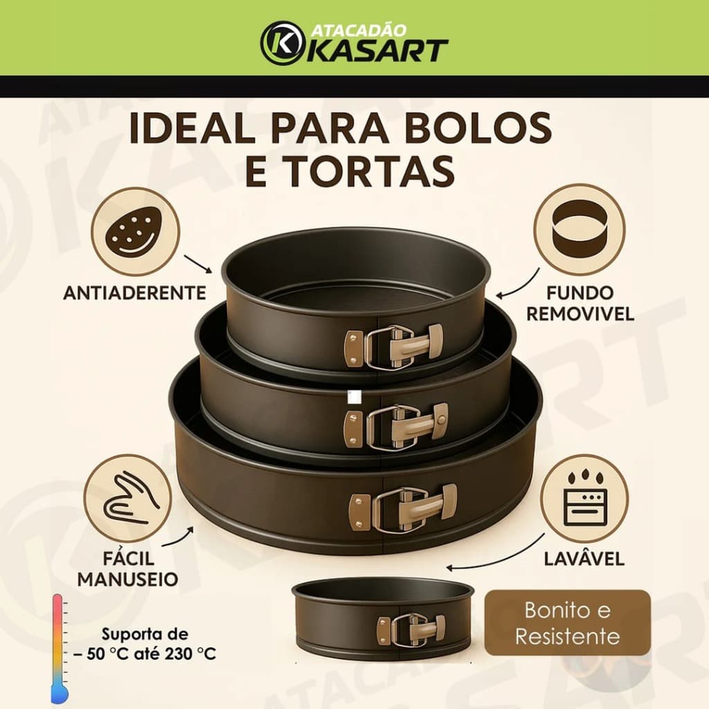 Kit 3 Formas Fundo Removível Antiaderentes  – Teflon 24cm/26cm/28cm