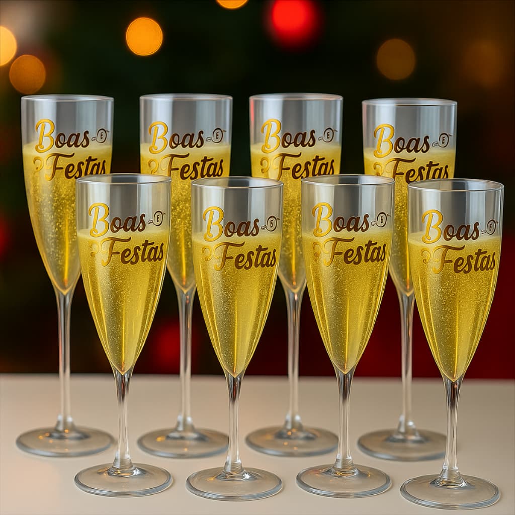 Kit 12 Taças de Champanhe Personalizada Boas Festas Acrílico Resistente