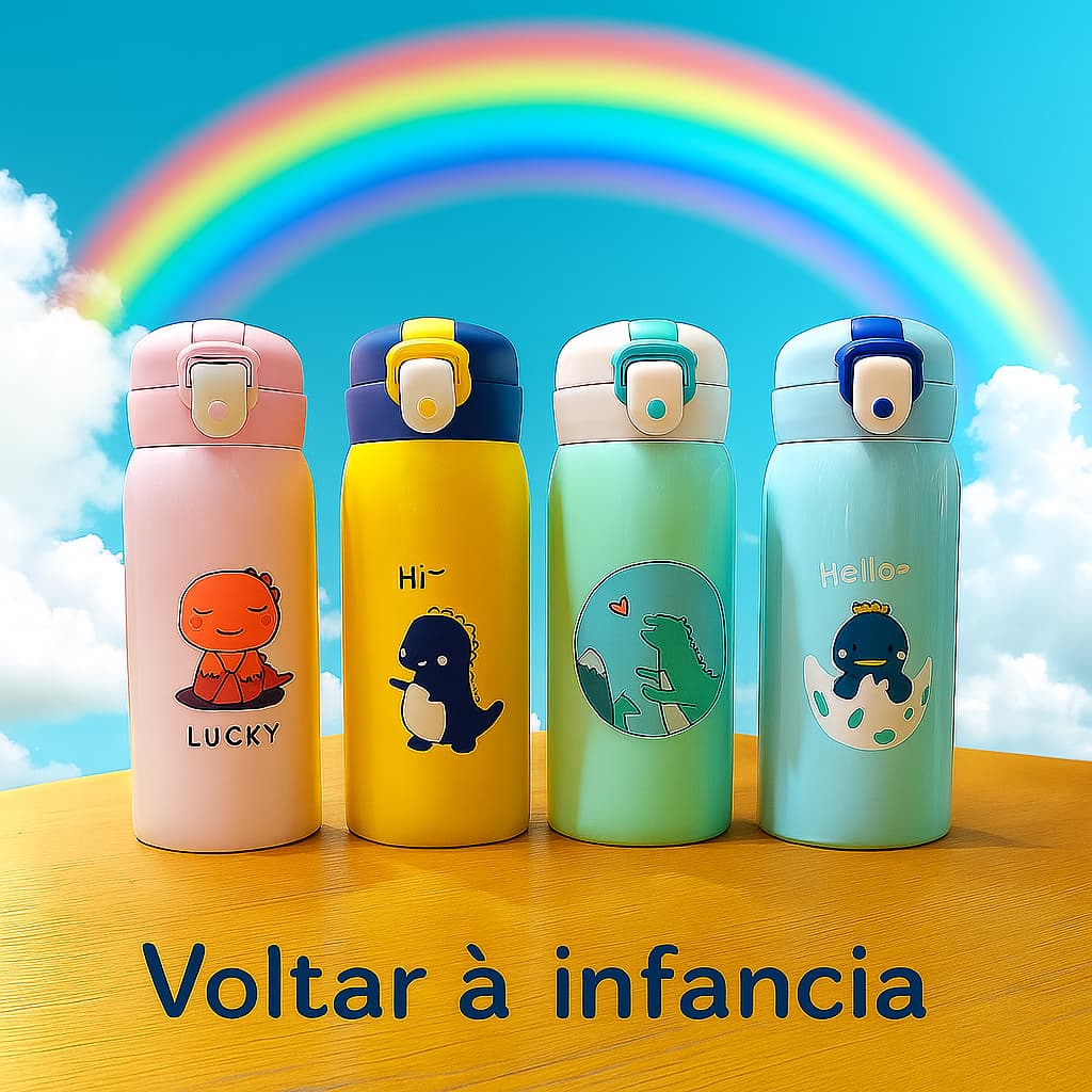 KIT Garrafa Térmica Infantil Estampas Animais Aço Inox 500ml 350ml
