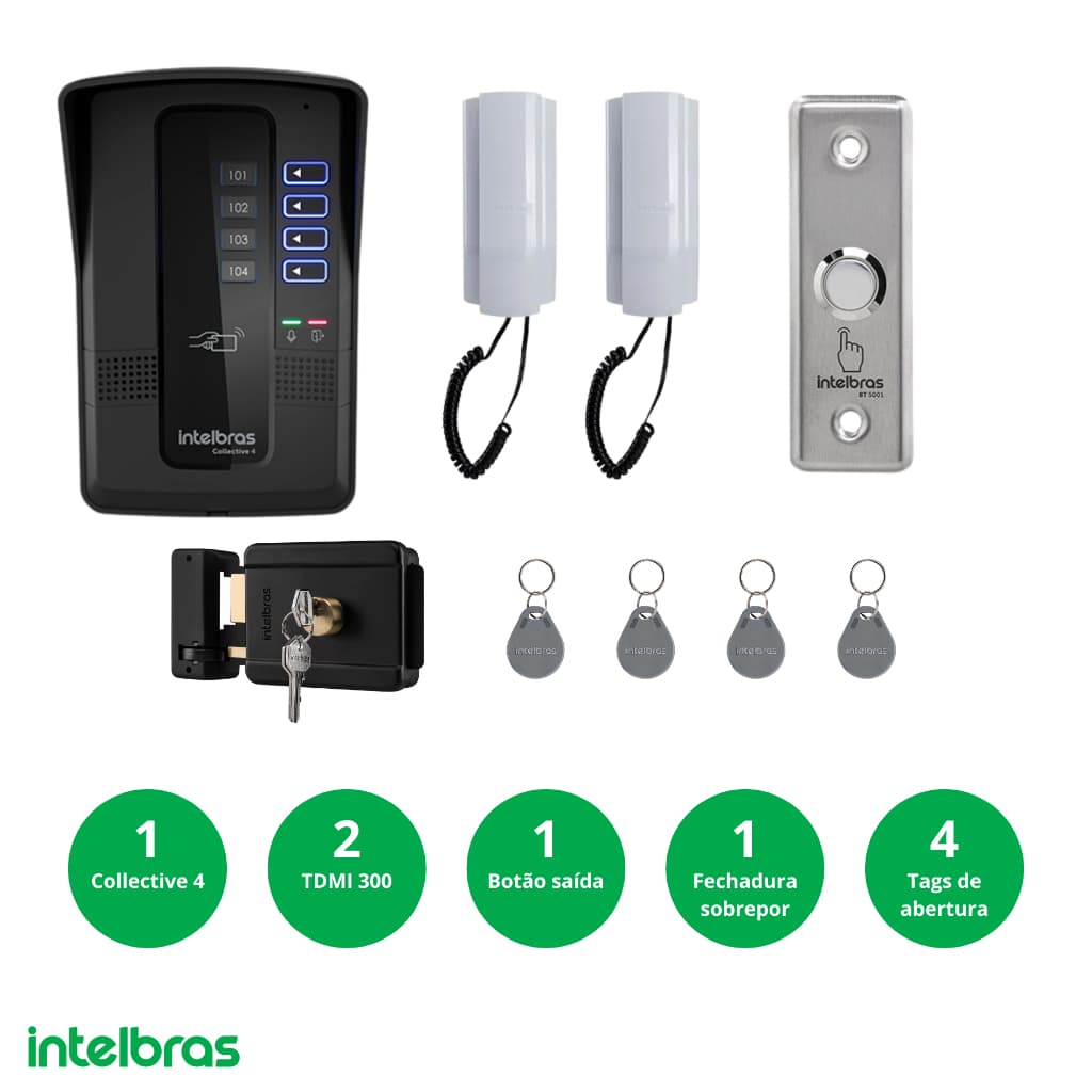 Kit Interfone Porteiro Eletrônico Com 2 Pontos Collective 4i Intelbras 4 Tags Fechadura Fx500 Botão