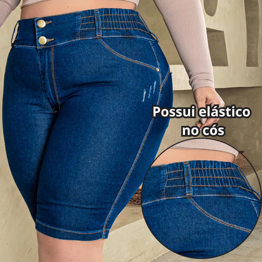 Bermuda Jeans Plus Size Ciclista Feminina Lycra Cós com Elástico Cintura Alta Premium 44 ao 56
