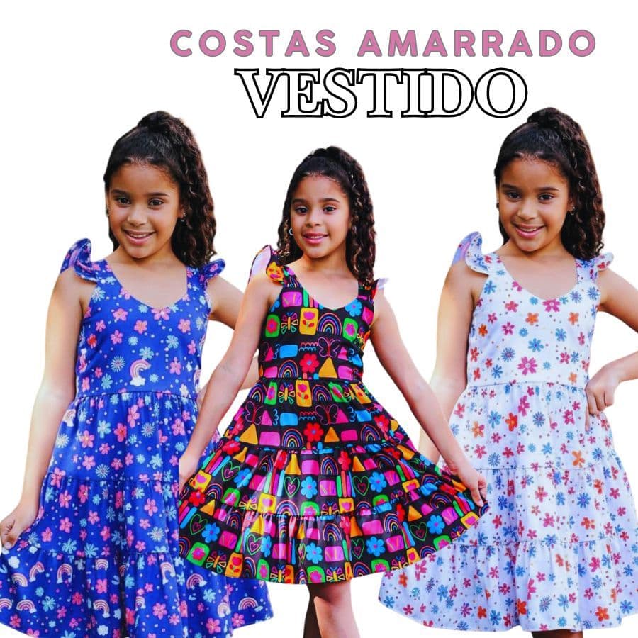 Vestido Curto Infantil Menina Três Marias FLORAL ALEATORIA Com Alça Rodado Casual Amarração Nas Costas