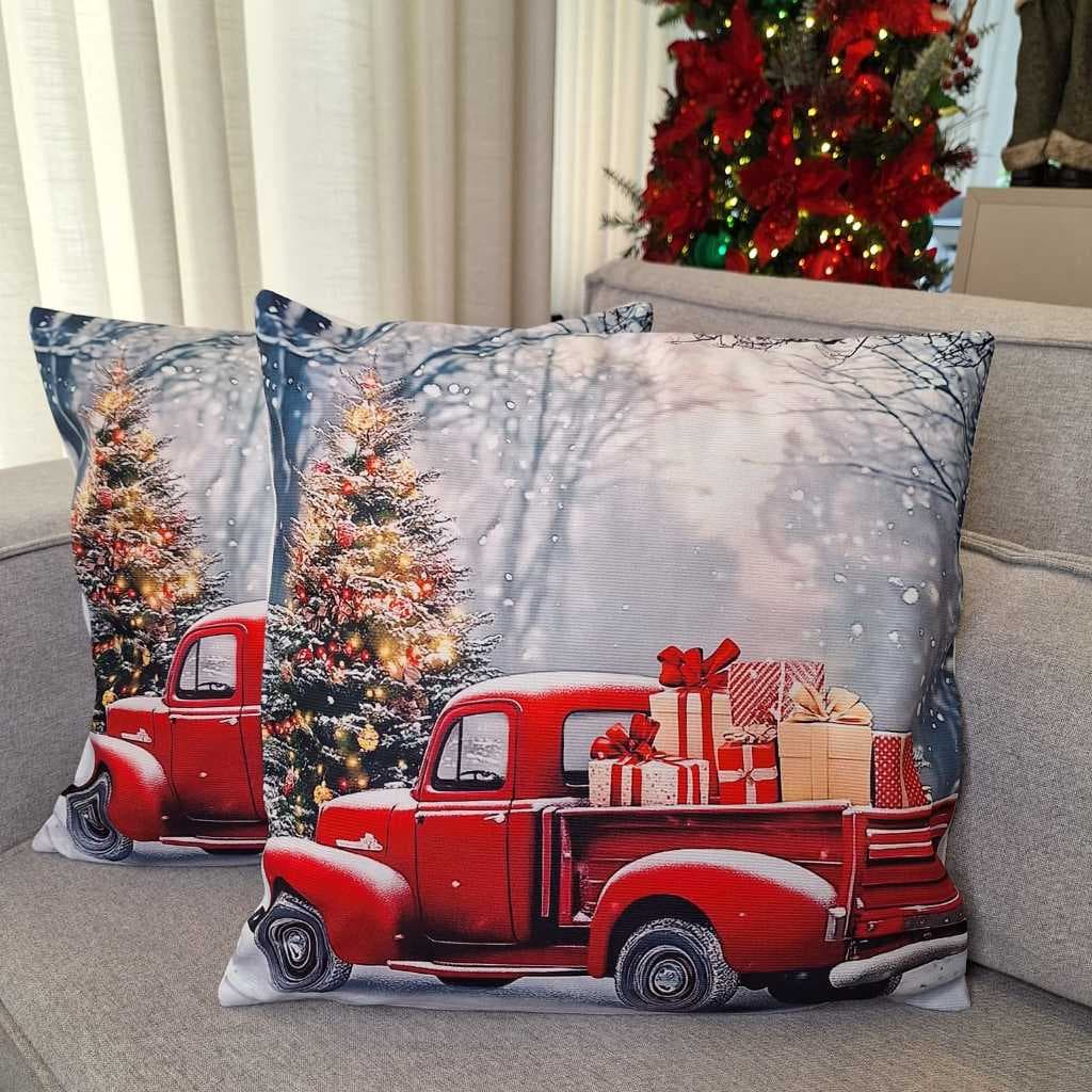 Capa de Almofada natal, estampa caminhonete, poliéster, cores vibrantes, zíper, 45x45cm, toque macio, Majestosa Casa.