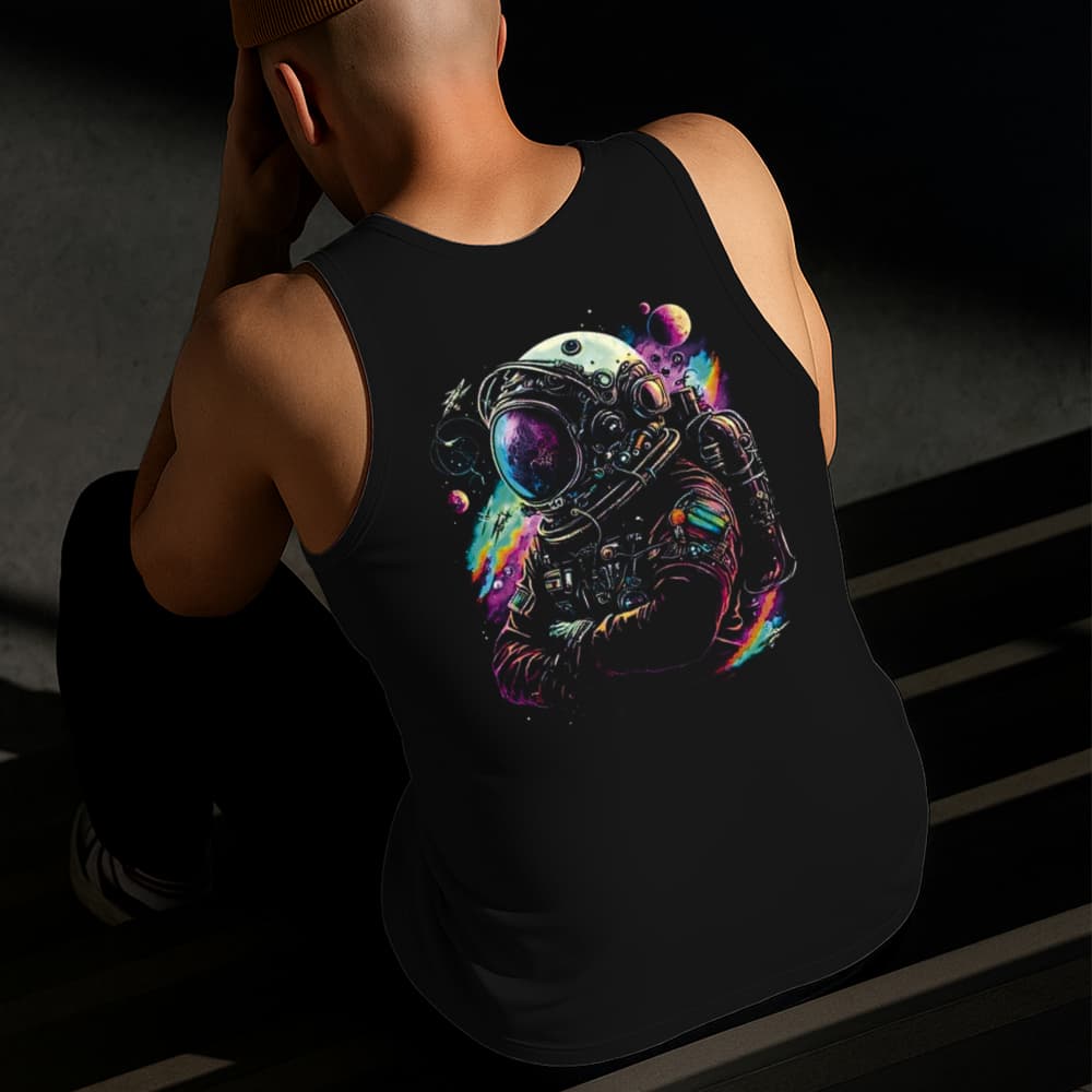 Camiseta Regata Masculina Estampada Astronauta Colorido Algodão Estilo Conforto Diário Tamanho P GG