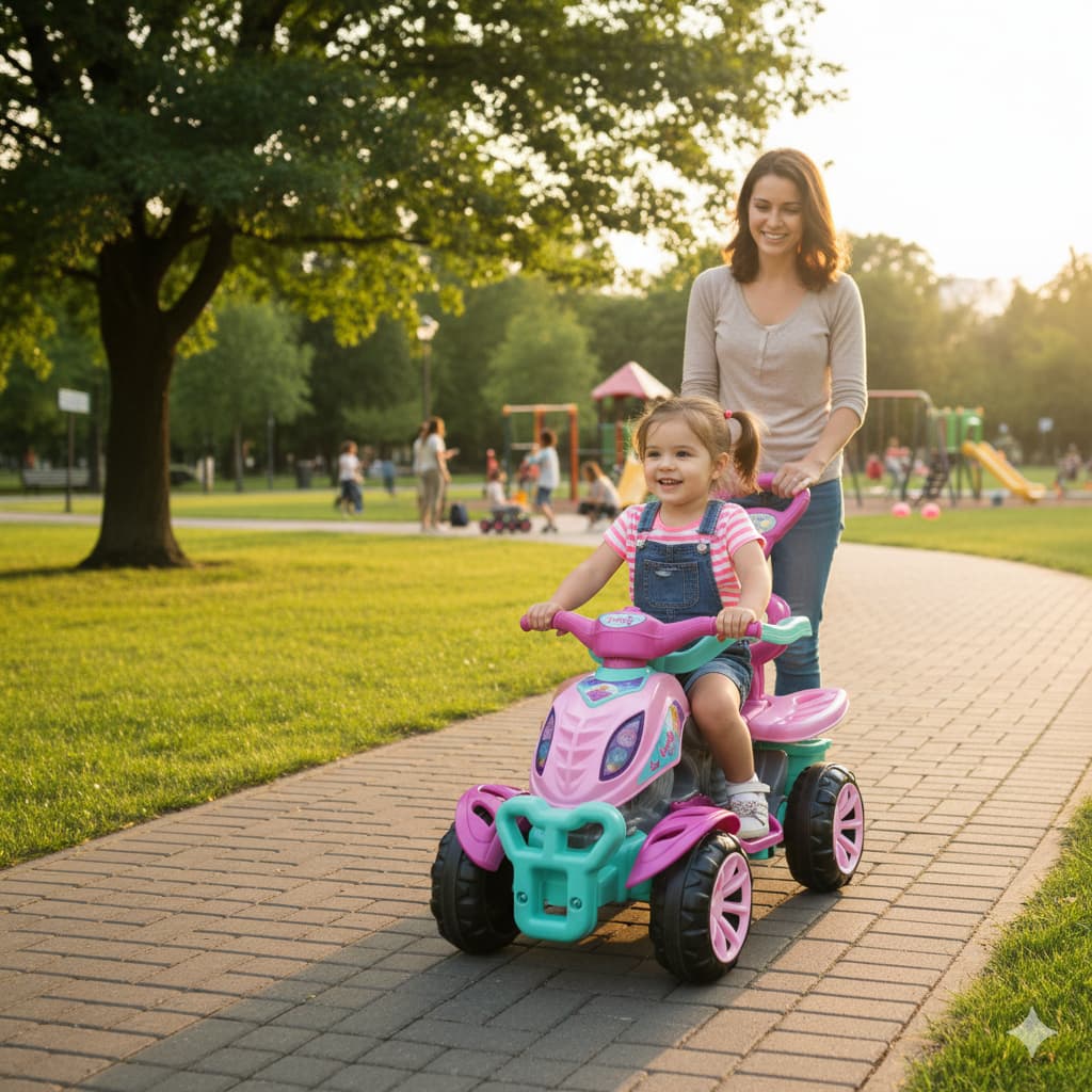 Quadriciclo Infantil De Passeio Carrinho Com Empurrador Haste Pedal Motoquinha Maral Lady Star Rosa