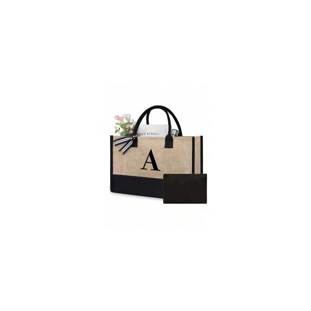 CONJUNTO BOLSA DE PRAIA PERSONALIZADA COM LETRA E NECESSAIRE PRETA - BOLSA DE VIAGEM PRESENTE BOLSA GRANDE PALHA CAMPO