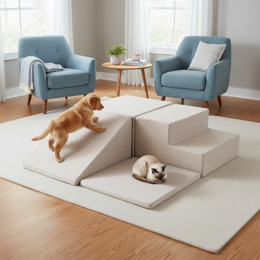Playground de Espuma Pet Cachorro Gato Kit  Escalada e Escorrega | Tecido Bouclé Bege Macio