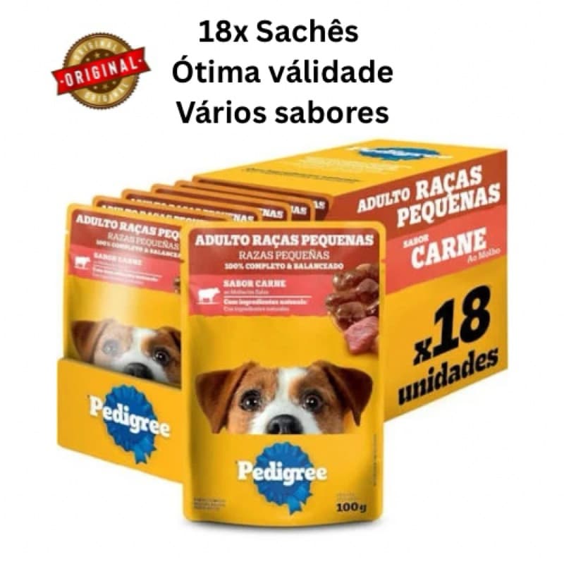 Sachê Pedigree 100g -Caixa 18 sachês- Cães Adultos - Raças Pequenas - Filhotes- Carne ,Frango, Cordeiro Alta Proteína