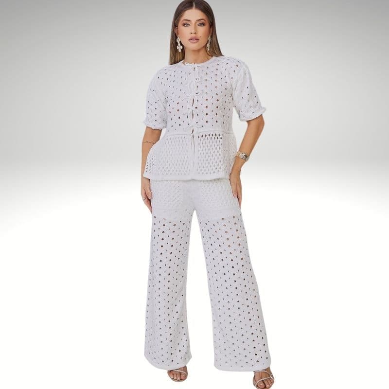 Conjunto de Tricot Verão Feminino Laço Final de Ano Natal Calça Bolso Bata Laço Amarração