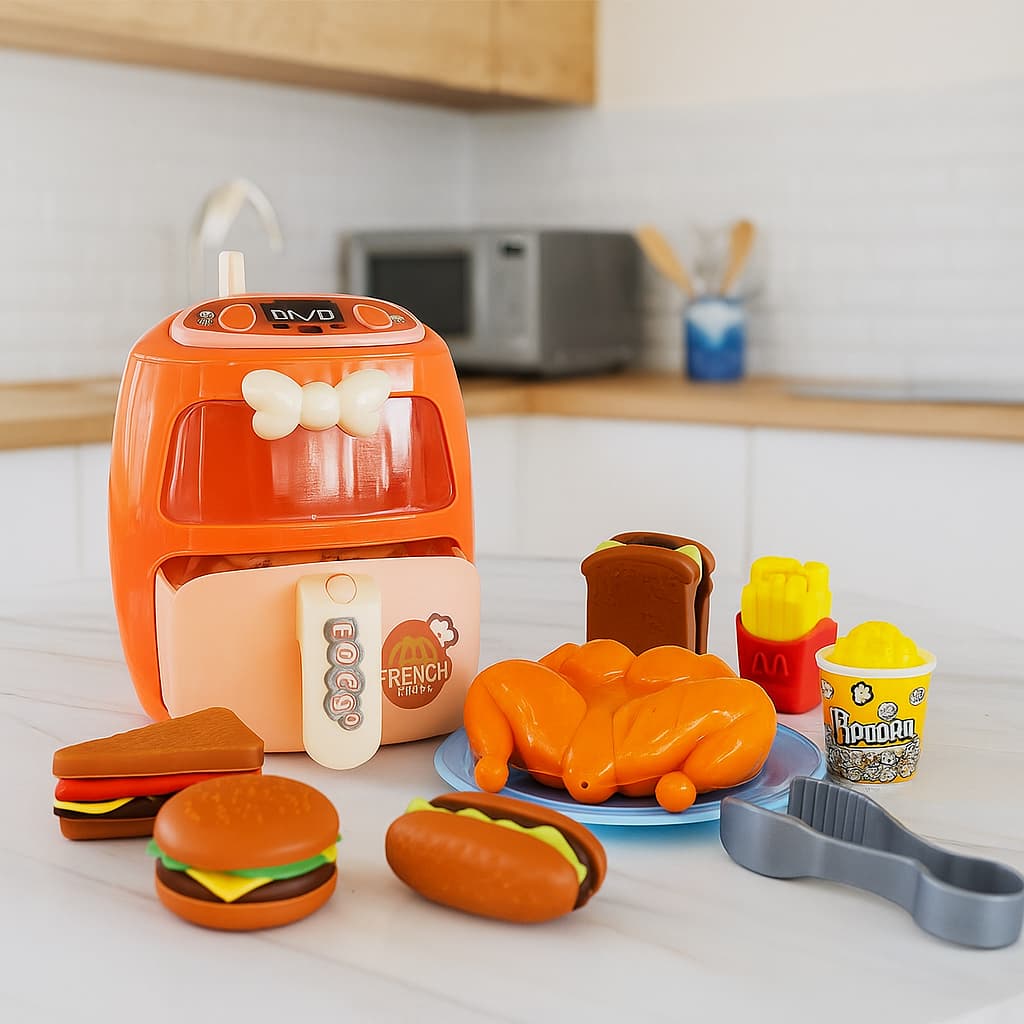 Conjunto Air Fryer Infantil com Luzes Acessórios Brinquedo Educativo Cozinha Criativa Diversão