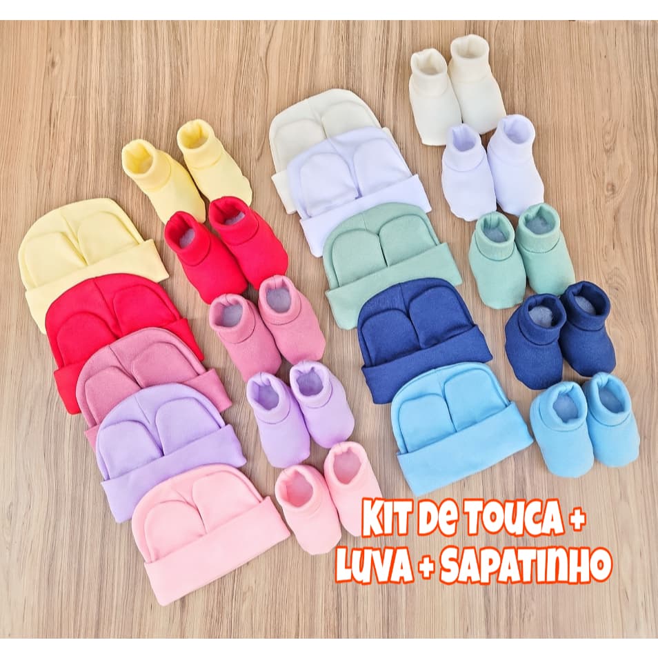 Touca Bebê + Luvas + Sapatinho Pantufas Enxoval Recém Nascido