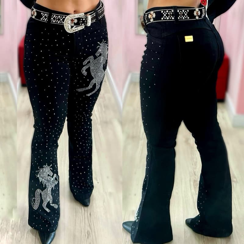 Calça Flare Jeans Feminina Country Rodeio Cavalaria Cintura Alta com Brilhos Luxo