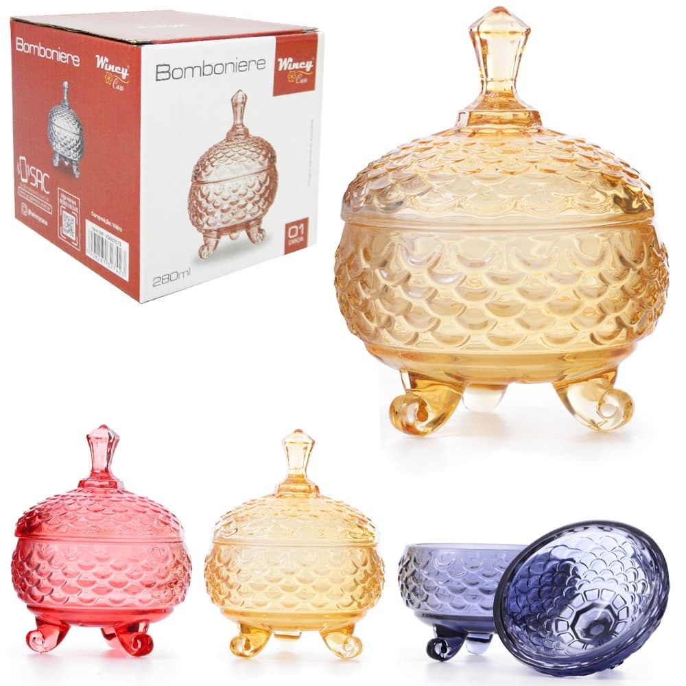BOMBONIERE DE VIDRO COM PÉ E TAMPA ESCAMAS TRANSCOLOR 280ML