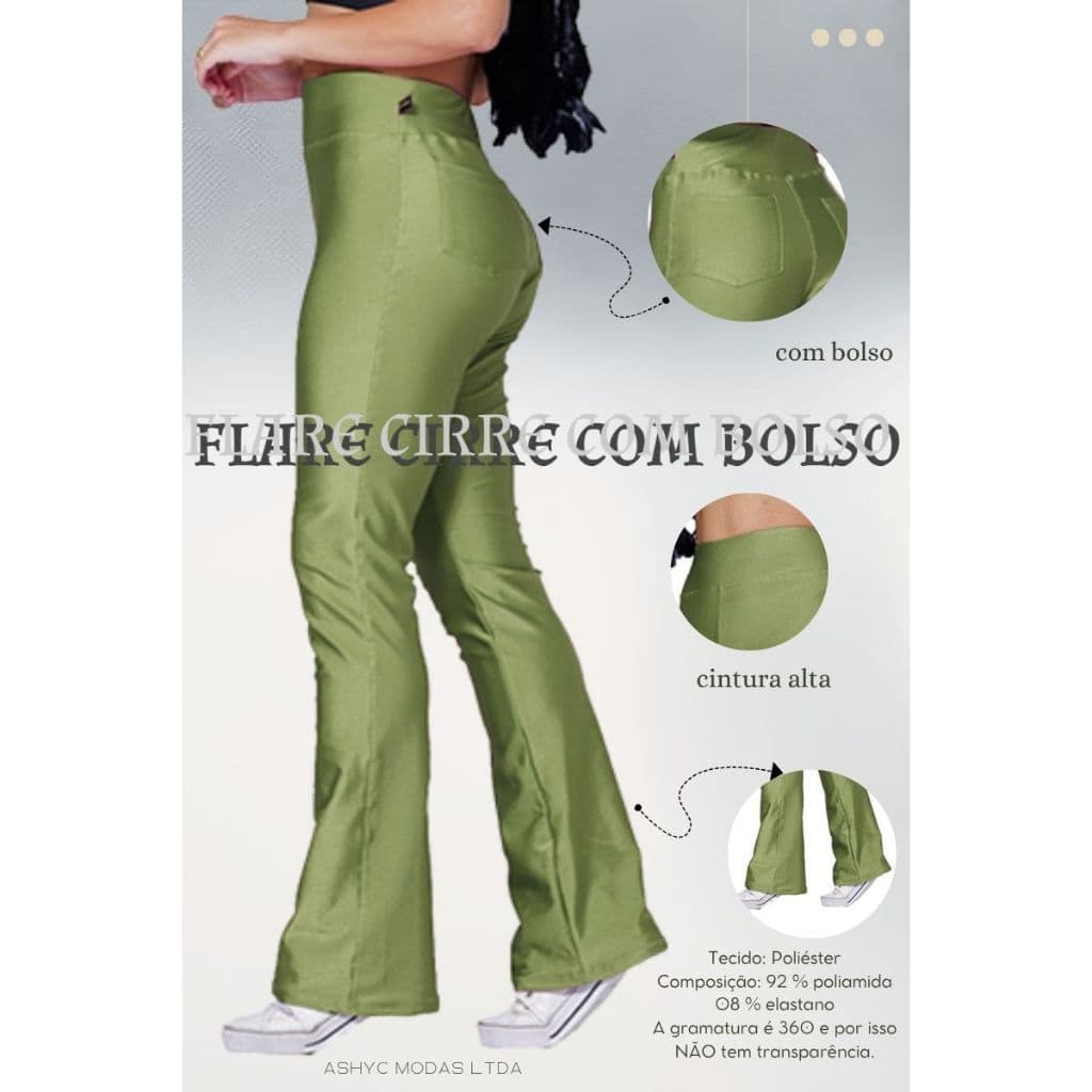 Calça   Flare Cirre brilhoso  Com Bolsos atras  Cintura Alta Elegante