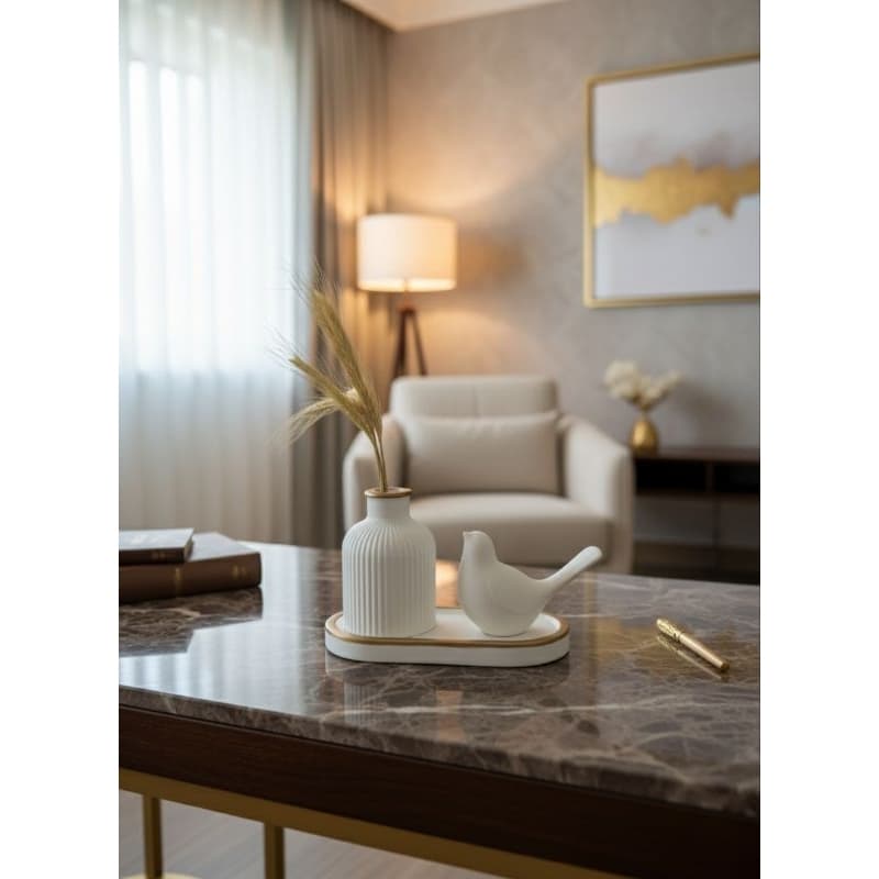 Pássaro e Vaso Branco Fosco – Kit Decor para Sala e Quarto com Detalhe Gold