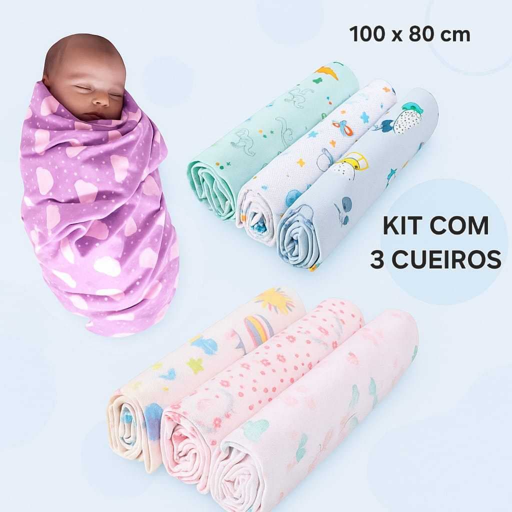Kit 3 Unidades Cueiro Para Bebê mantinha Estampada 100x80  Cueiro Flanelado