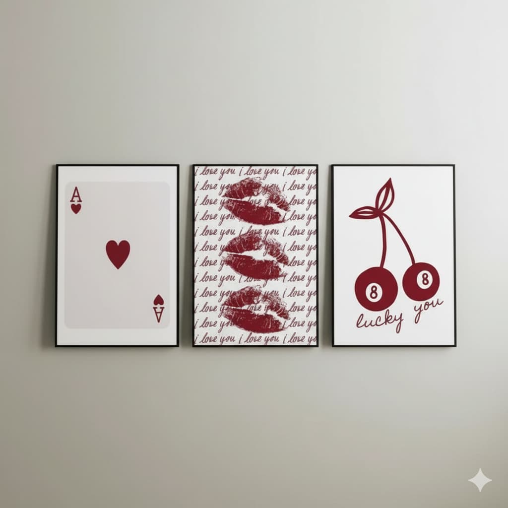 Quadros decorativos Boca beijo carta e cereja vermelhos (3 peças)