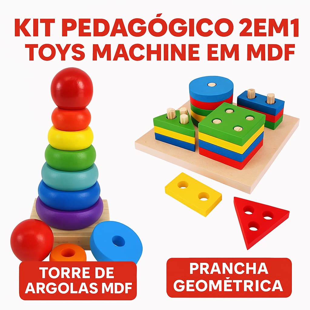 Brinquedo Pedagógico Madeira Torre de Argolas + Prancha Geométrica Educativa Infantil