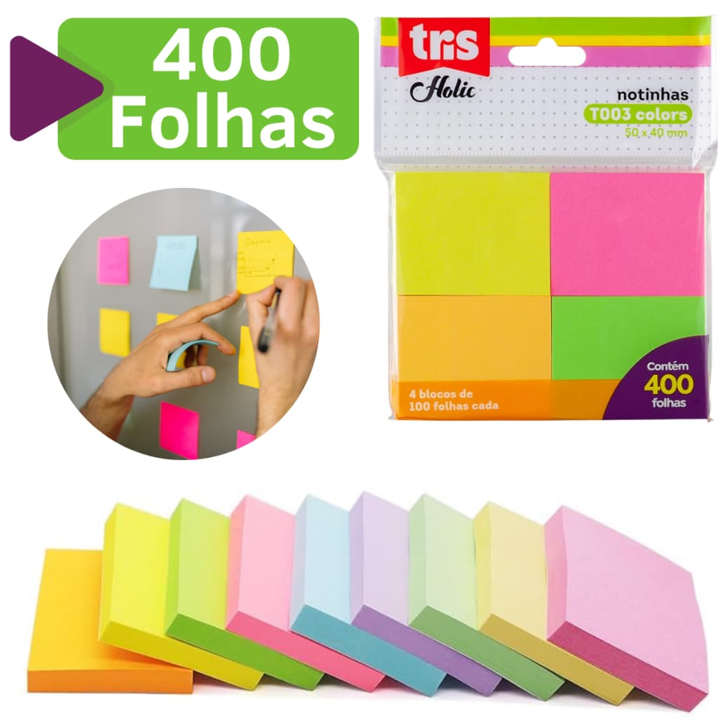 Kit Bloco Adesivo 50x40 Colorido 400 Folhas Adesivo Anotaçoes Fofo Pequeno Grande Caderno Livro