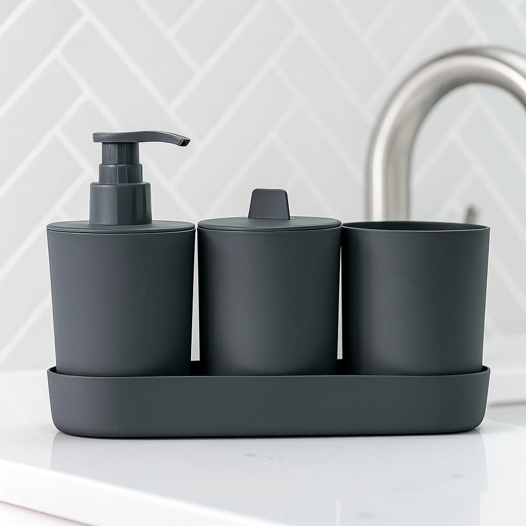 Kit Banheiro Conjunto 4 Peças Lavabo Porta Sabonete Bandeja Pote Com Tampa Resistente