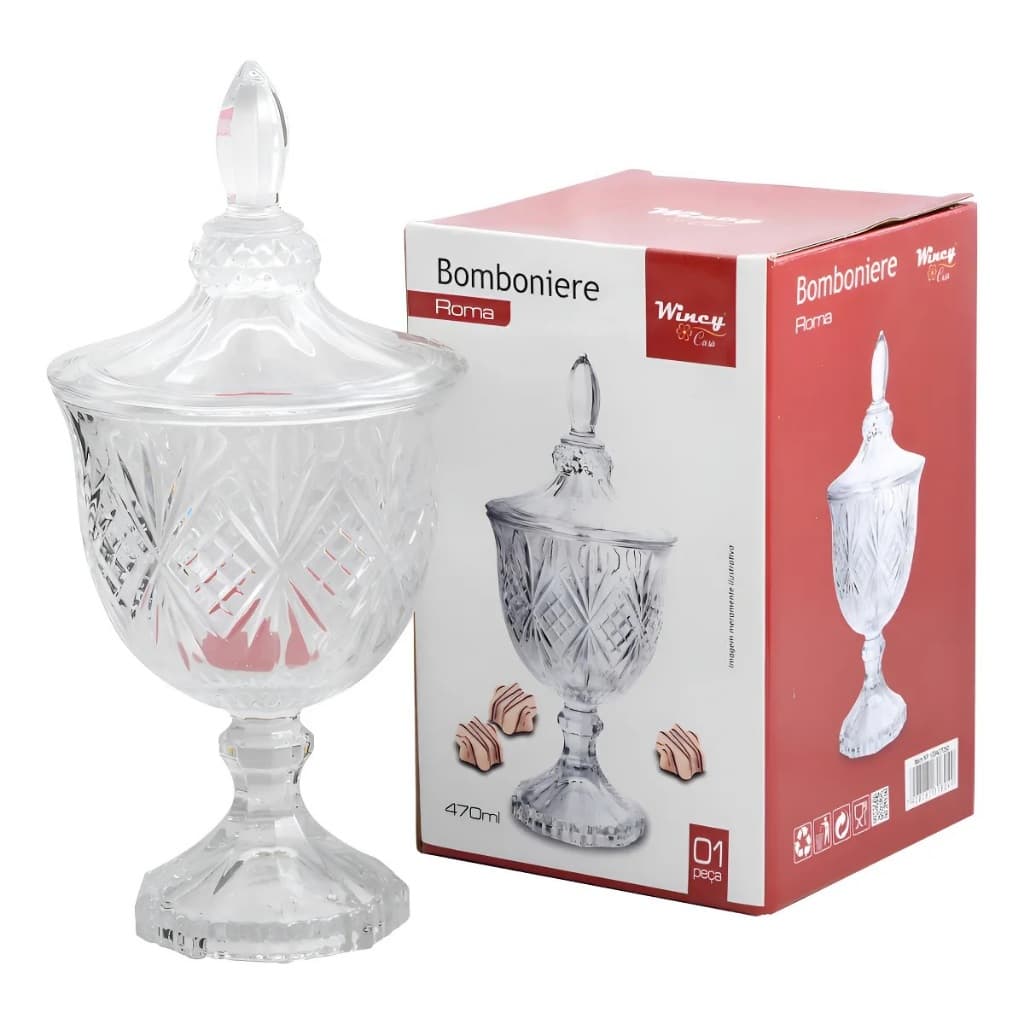 BOMBONIERE DE VIDRO CRISTAL COM TAMPA E PÉS