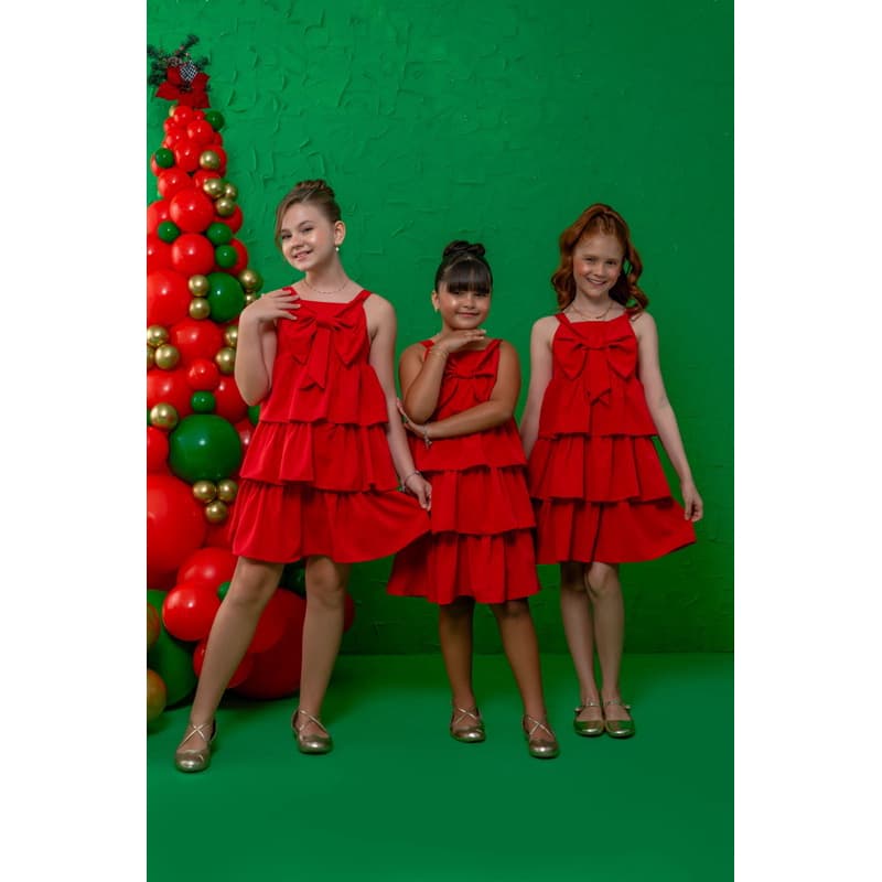 Vestido Laço Natal Infantil e Juvenil Vermelho e Branco
