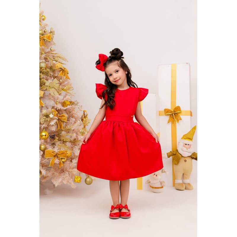 Vestido Alfaiataria Infantil Festa Luxo Natal Verde Vermelho e Bege